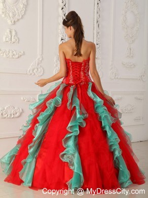 Fashion Red and Green Organza Ruffles Sweet 15 Dress