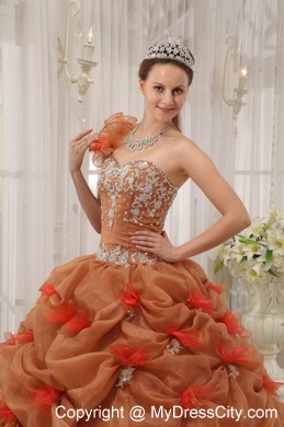 2013 Modest One Shoulder Pick-ups Brown Flowers Sweet 16 Dress