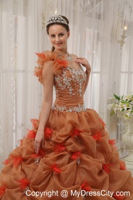 2013 Modest One Shoulder Pick-ups Brown Flowers Sweet 16 Dress