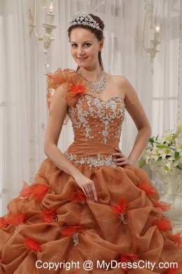 2013 Modest One Shoulder Pick-ups Brown Flowers Sweet 16 Dress