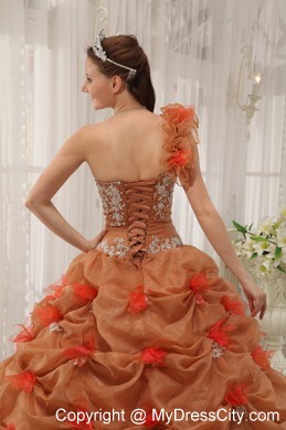 2013 Modest One Shoulder Pick-ups Brown Flowers Sweet 16 Dress