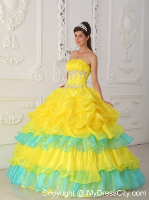 Yellow and Blue Sweet 15 Dress with Pick-ups and Appliques