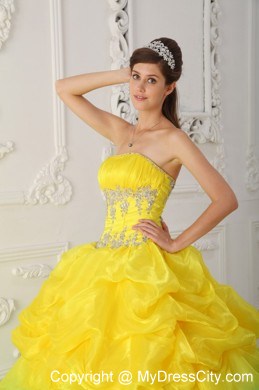 Yellow and Blue Sweet 15 Dress with Pick-ups and Appliques