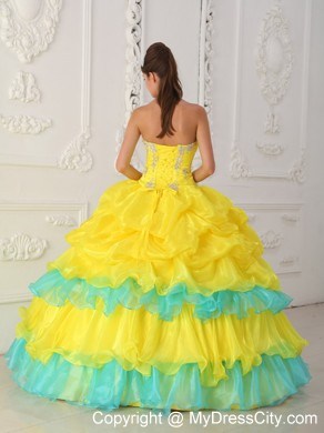 Yellow and Blue Sweet 15 Dress with Pick-ups and Appliques