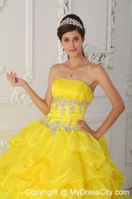 Yellow and Blue Sweet 15 Dress with Pick-ups and Appliques