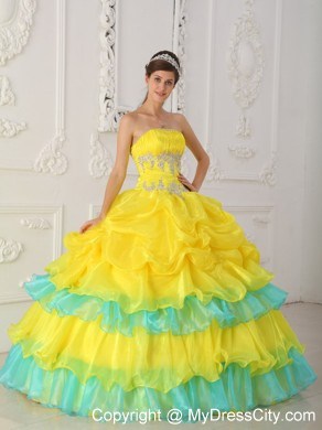 Yellow and Blue Sweet 15 Dress with Pick-ups and Appliques