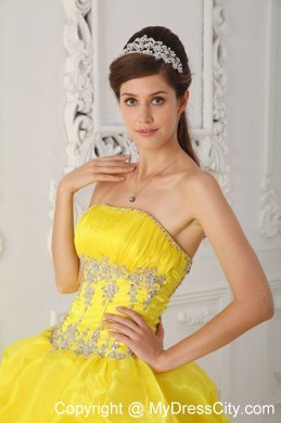 Yellow and Blue Sweet 15 Dress with Pick-ups and Appliques