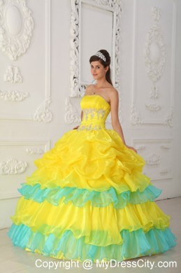 Yellow and Blue Sweet 15 Dress with Pick-ups and Appliques