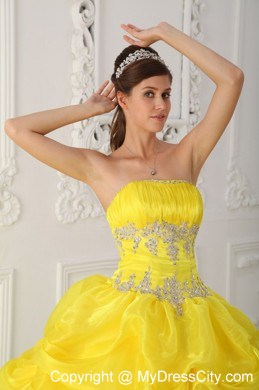 Yellow and Blue Sweet 15 Dress with Pick-ups and Appliques