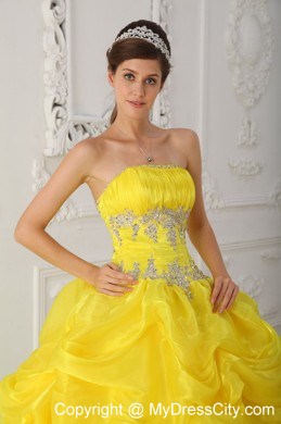 Yellow and Blue Sweet 15 Dress with Pick-ups and Appliques