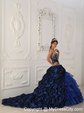 Navy Blue Sweetheart 2013 Quinceanera Dress with Chapel Train