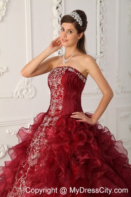 Wonderful Wine Red Organza Appliques Ruffles Quinceanera Dress