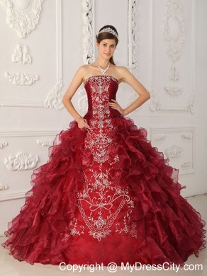 Wonderful Wine Red Organza Appliques Ruffles Quinceanera Dress