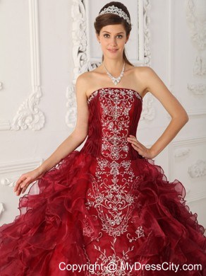 Wonderful Wine Red Organza Appliques Ruffles Quinceanera Dress