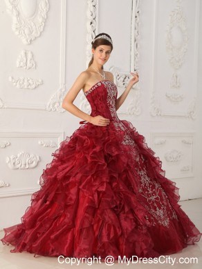 Wonderful Wine Red Organza Appliques Ruffles Quinceanera Dress