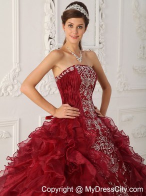 Wonderful Wine Red Organza Appliques Ruffles Quinceanera Dress