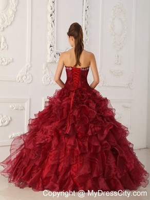 Wonderful Wine Red Organza Appliques Ruffles Quinceanera Dress