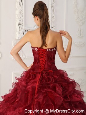 Wonderful Wine Red Organza Appliques Ruffles Quinceanera Dress