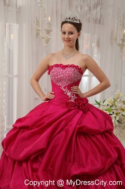 Coral Red Quinceanera Dress with Pick-ups and Beading on Sale