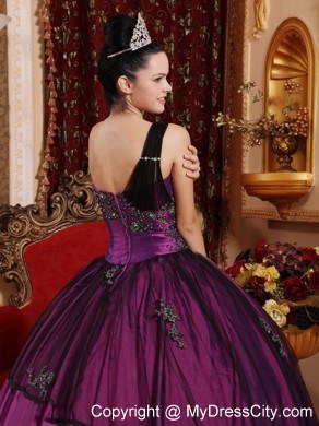 Purple Ball Gown One Shoulder Taffeta Appliques Quinceanera Dress