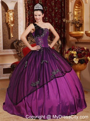 Purple Ball Gown One Shoulder Taffeta Appliques Quinceanera Dress