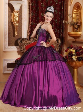 Purple Ball Gown One Shoulder Taffeta Appliques Quinceanera Dress