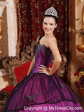 Purple Ball Gown One Shoulder Taffeta Appliques Quinceanera Dress