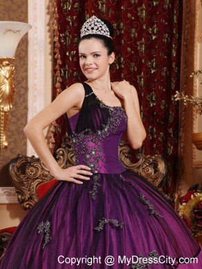 Purple Ball Gown One Shoulder Taffeta Appliques Quinceanera Dress