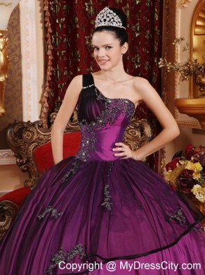 Purple Ball Gown One Shoulder Taffeta Appliques Quinceanera Dress