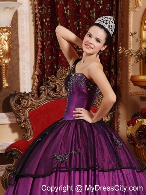 Purple Ball Gown One Shoulder Taffeta Appliques Quinceanera Dress