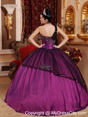 Purple Ball Gown One Shoulder Taffeta Appliques Quinceanera Dress