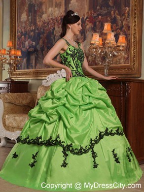 Spring Green Quinceanera Dress with Straps pick-ups Taffeta