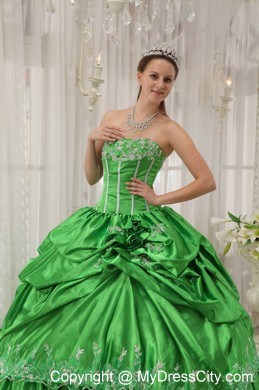 Spring Green Ball Gowns Strapless Taffeta Puffy Quinceanera Dress