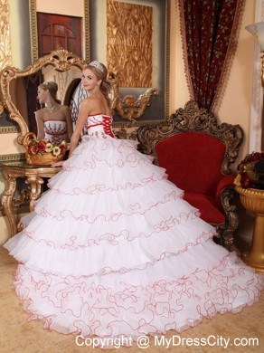 White Ball Gown Ruffled Layers Organza Appliques Sweet 15 Dress