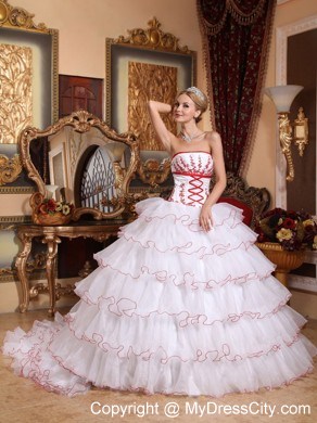 White Ball Gown Ruffled Layers Organza Appliques Sweet 15 Dress