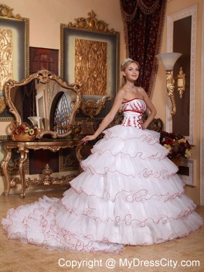 White Ball Gown Ruffled Layers Organza Appliques Sweet 15 Dress