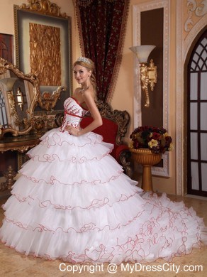 White Ball Gown Ruffled Layers Organza Appliques Sweet 15 Dress