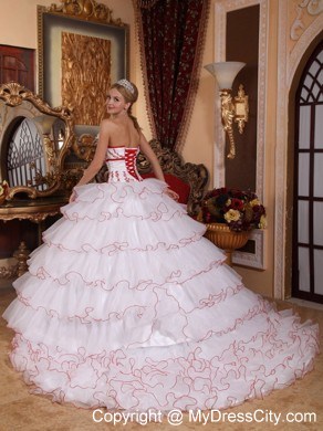 White Ball Gown Ruffled Layers Organza Appliques Sweet 15 Dress