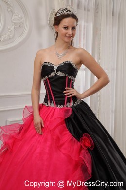 Inexpensive Red and Black Organza Beading Quinceanera Dress