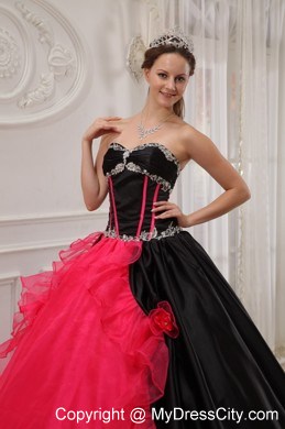 Inexpensive Red and Black Organza Beading Quinceanera Dress