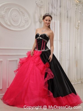 Inexpensive Red and Black Organza Beading Quinceanera Dress