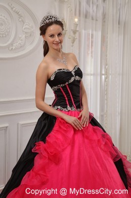 Inexpensive Red and Black Organza Beading Quinceanera Dress