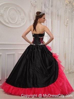 Inexpensive Red and Black Organza Beading Quinceanera Dress