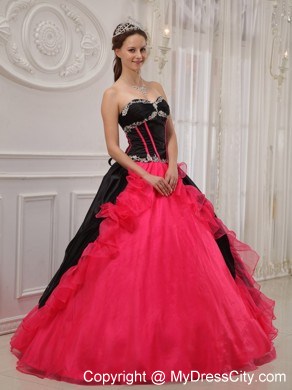 Inexpensive Red and Black Organza Beading Quinceanera Dress