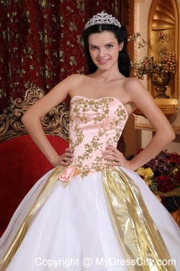 White Strapless Organza Beading and Appliques Quinceanera Dress