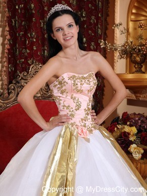 White Strapless Organza Beading and Appliques Quinceanera Dress