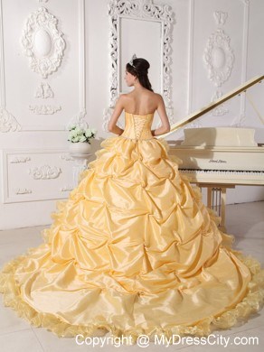 Luxurious Gold Chapel Train Quinceanera Dress in Sweet 16