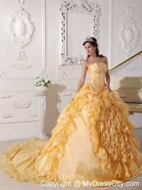 Luxurious Gold Chapel Train Quinceanera Dress in Sweet 16