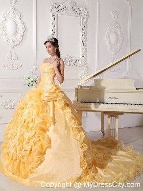 Luxurious Gold Chapel Train Quinceanera Dress in Sweet 16