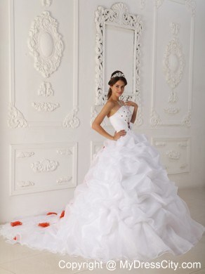 White Ball Gown Strapless Court Train Organza Quinceanera Dress